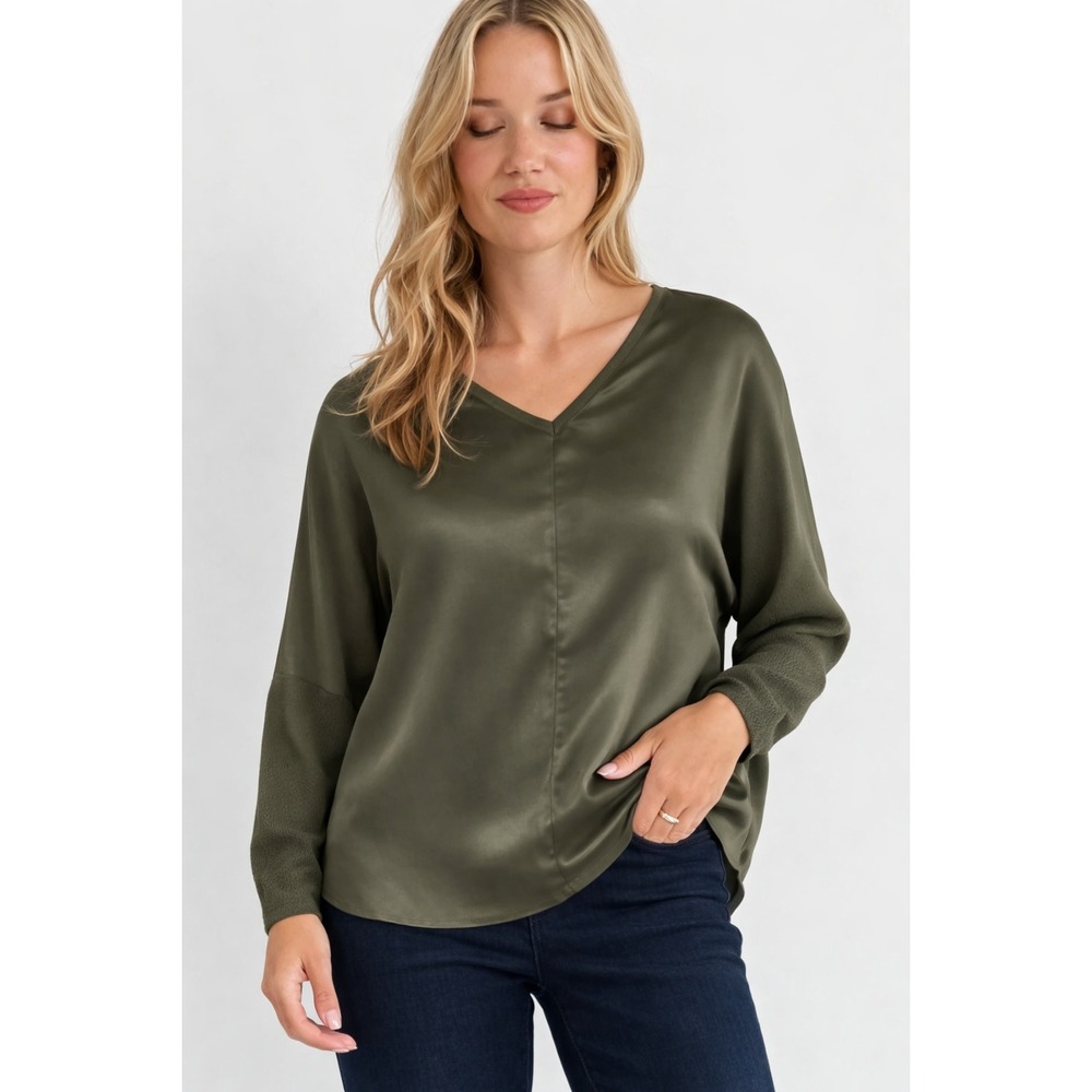 Melissa Nepton Cindy Satin V-Neck Pullover Olive Mβ Viscose Blouse